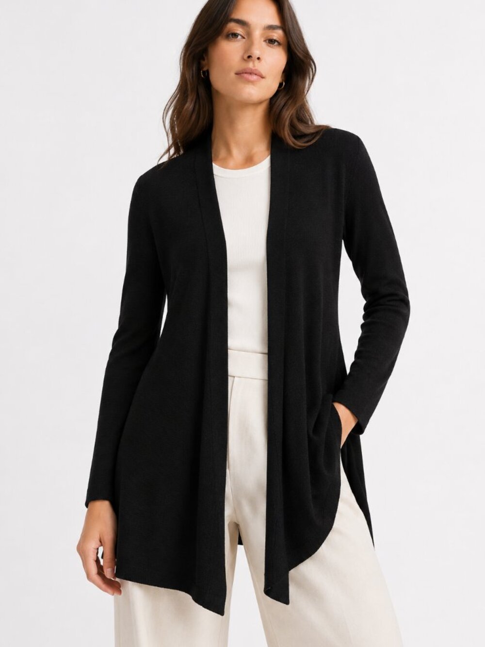 EILEEN FISHER PETITE BLACK COTTON SILK OPEN MID-LENGTH CARDIGAN - PM